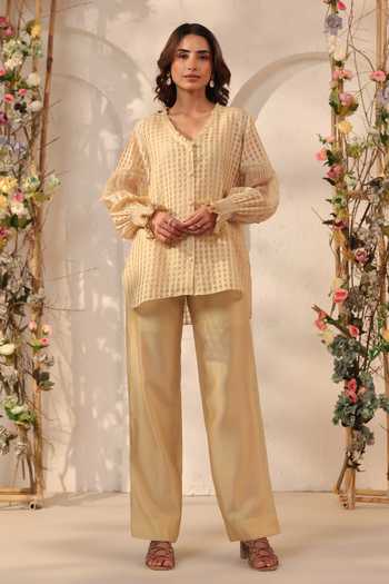 Label Niti Bothra Beige V Neck Top & Pant Set 
