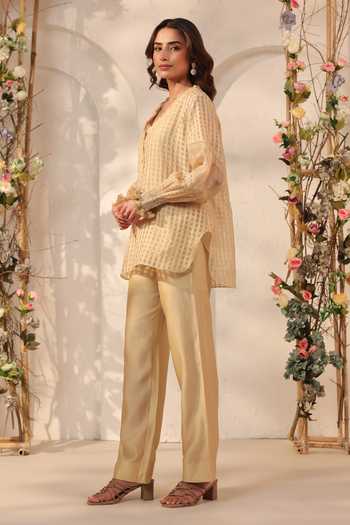 Buy_Label Niti Bothra_Beige Silk, Chanderi, Tencel Lace V-neck V Top And Pant Set 