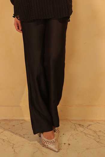 Label Niti Bothra_Black Silk, Chanderi, Tencel Lace V-neck V Top And Pant Set _Online_at_Aza_Fashions
