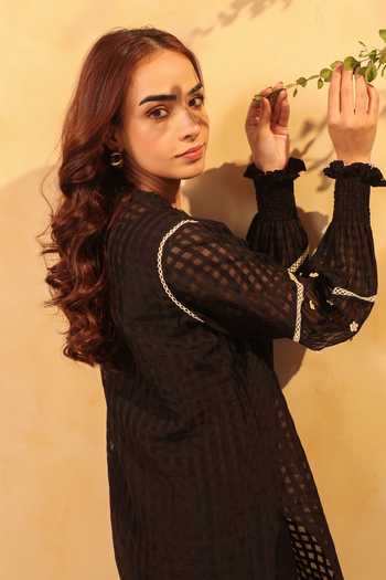 Buy_Label Niti Bothra_Black Silk, Chanderi, Tencel Lace V-neck V Top And Pant Set _Online_at_Aza_Fashions