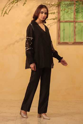 Shop_Label Niti Bothra_Black Silk, Chanderi, Tencel Lace V-neck V Top And Pant Set _Online_at_Aza_Fashions