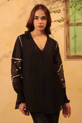 Label Niti Bothra_Black Silk, Chanderi, Tencel Lace V-neck V Top And Pant Set _at_Aza_Fashions