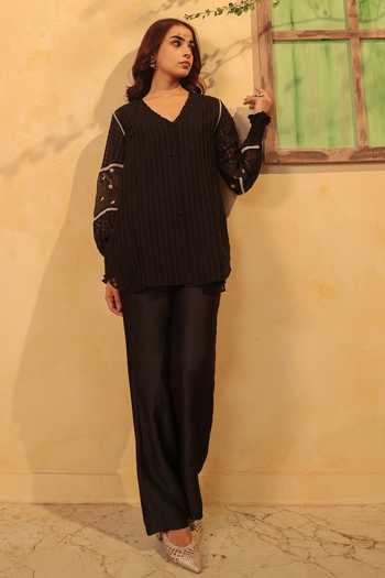 Shop_Label Niti Bothra_Black Silk, Chanderi, Tencel Lace V-neck V Top And Pant Set 