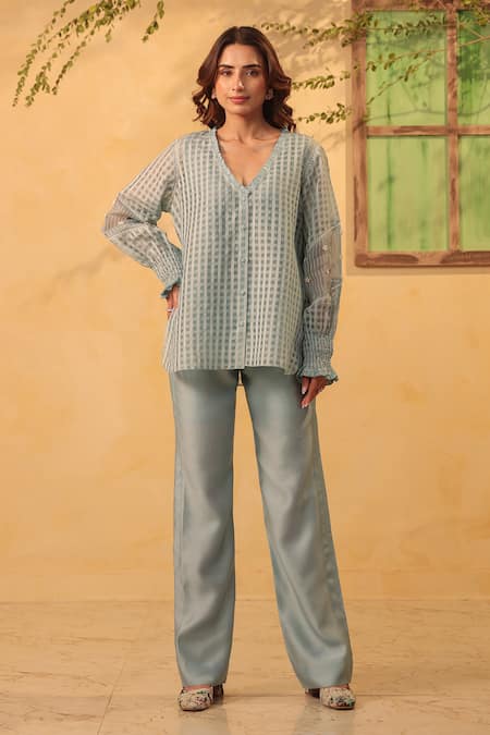 Label Niti Bothra Light Blue V Neck Top & Pant Set 