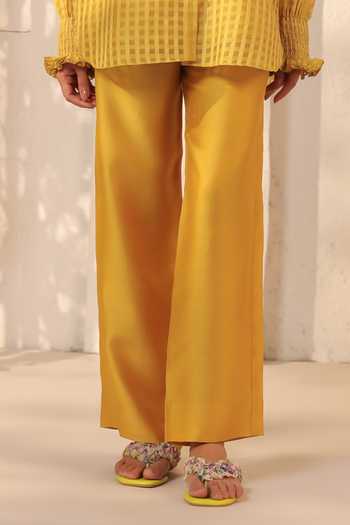 Label Niti Bothra_Yellow Silk, Chanderi, Tencel Lace V-neck V Top And Pant Set _Online_at_Aza_Fashions