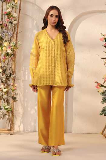 Buy_Label Niti Bothra_Yellow Silk, Chanderi, Tencel Lace V-neck V Top And Pant Set _Online_at_Aza_Fashions