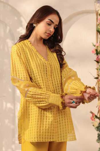 Label Niti Bothra_Yellow Silk, Chanderi, Tencel Lace V-neck V Top And Pant Set _at_Aza_Fashions