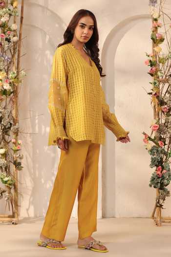Buy_Label Niti Bothra_Yellow Silk, Chanderi, Tencel Lace V-neck V Top And Pant Set 