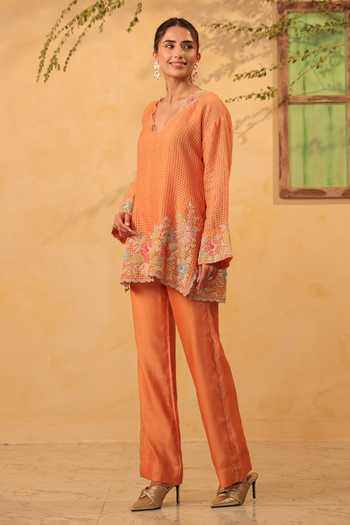 Label Niti Bothra_Orange Silk, Chanderi, Tencel Embroidery, Pearls, Resham Kurta And Pant Set _Online_at_Aza_Fashions