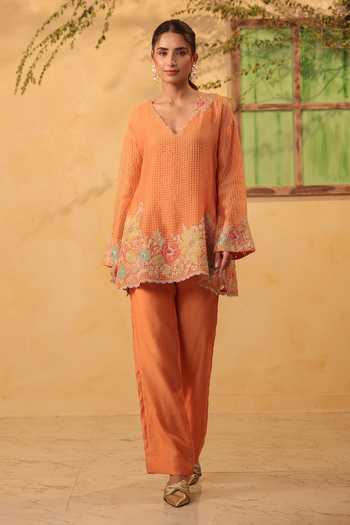 Buy_Label Niti Bothra_Orange Silk, Chanderi, Tencel Embroidery, Pearls, Resham Kurta And Pant Set _Online_at_Aza_Fashions