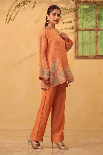 Shop_Label Niti Bothra_Orange Silk, Chanderi, Tencel Embroidery, Pearls, Resham Kurta And Pant Set _Online_at_Aza_Fashions