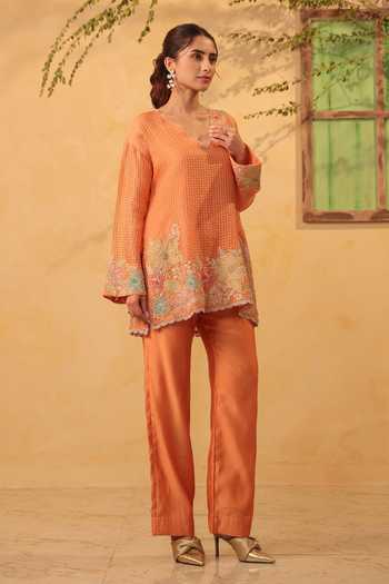 Label Niti Bothra_Orange Silk, Chanderi, Tencel Embroidery, Pearls, Resham Kurta And Pant Set _at_Aza_Fashions