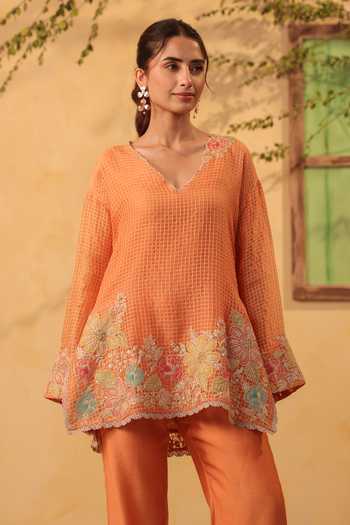 Buy_Label Niti Bothra_Orange Silk, Chanderi, Tencel Embroidery, Pearls, Resham Kurta And Pant Set 