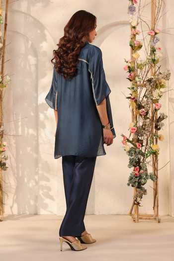 Label Niti Bothra_Blue Silk, Tencel Lace Collared Dark Kurta And Pant Set _Online_at_Aza_Fashions