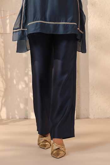 Buy_Label Niti Bothra_Blue Silk, Tencel Lace Collared Dark Kurta And Pant Set _Online_at_Aza_Fashions