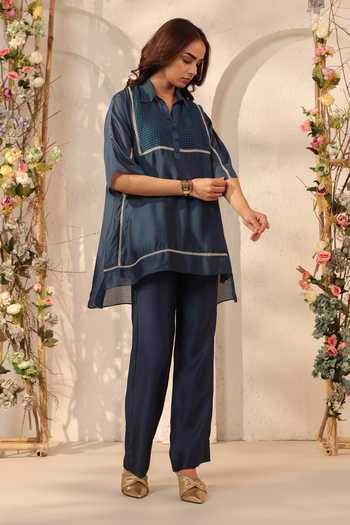 Shop_Label Niti Bothra_Blue Silk, Tencel Lace Collared Dark Kurta And Pant Set _Online_at_Aza_Fashions