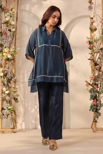Label Niti Bothra_Blue Silk, Tencel Lace Collared Dark Kurta And Pant Set _at_Aza_Fashions