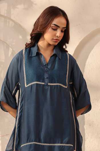 Buy_Label Niti Bothra_Blue Silk, Tencel Lace Collared Dark Kurta And Pant Set 
