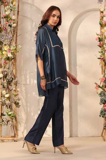 Shop_Label Niti Bothra_Blue Silk, Tencel Lace Collared Dark Kurta And Pant Set 