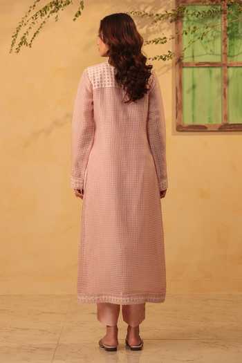 Label Niti Bothra_Pink Silk, Chanderi, Tencel, Kota Doria, Doriya Light Straight Long Kurta Set _Online_at_Aza_Fashions