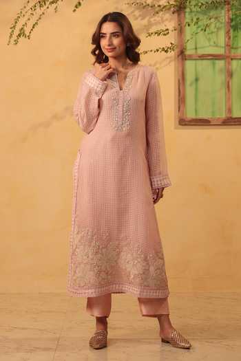Buy_Label Niti Bothra_Pink Silk, Chanderi, Tencel, Kota Doria, Doriya Light Straight Long Kurta Set _Online_at_Aza_Fashions