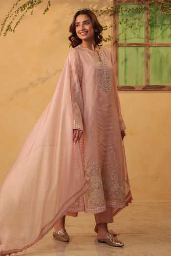 Shop_Label Niti Bothra_Pink Silk, Chanderi, Tencel, Kota Doria, Doriya Light Straight Long Kurta Set _Online_at_Aza_Fashions
