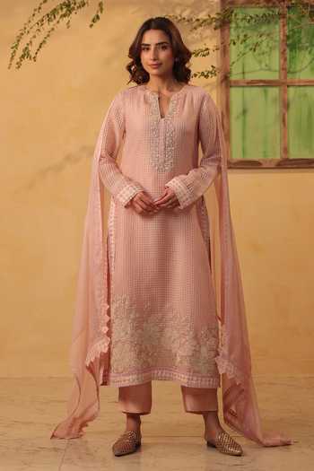 Label Niti Bothra_Pink Silk, Chanderi, Tencel, Kota Doria, Doriya Light Straight Long Kurta Set _at_Aza_Fashions