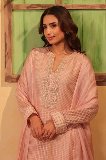 Buy_Label Niti Bothra_Pink Silk, Chanderi, Tencel, Kota Doria, Doriya Light Straight Long Kurta Set 