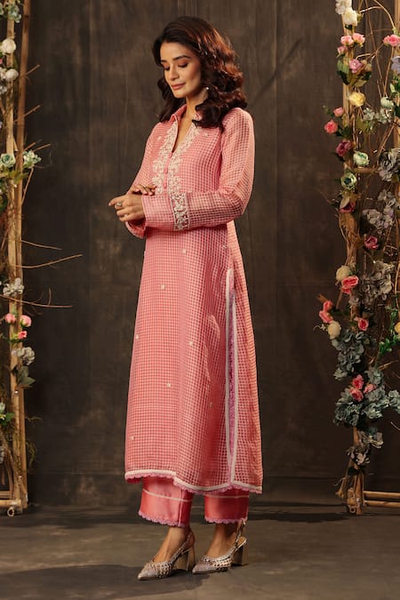 Label Niti Bothra_Pink Silk, Chanderi, Tencel Embroidery, Pearls Collared, Yes Kurta And Pant Set _Online_at_Aza_Fashions