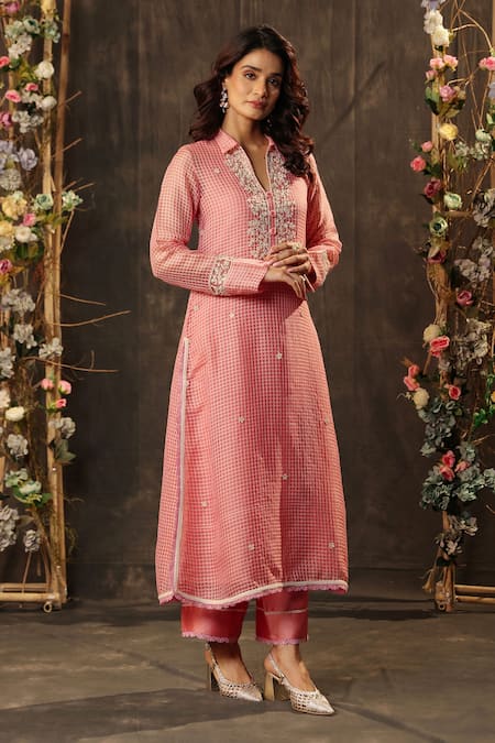 Buy_Label Niti Bothra_Pink Silk, Chanderi, Tencel Embroidery, Pearls Collared, Yes Kurta And Pant Set _Online_at_Aza_Fashions