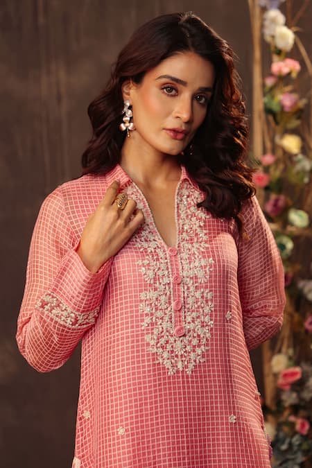 Shop_Label Niti Bothra_Pink Silk, Chanderi, Tencel Embroidery, Pearls Collared, Yes Kurta And Pant Set _Online_at_Aza_Fashions