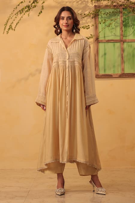 Label Niti Bothra Beige Pintuck Collar Kurta & Pant Set 
