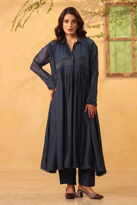 Label Niti Bothra Dark Blue Pintuck Collar Kurta & Pant Set 