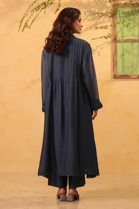 Label Niti Bothra Dark Blue Pintuck Collar Kurta & Pant Set 