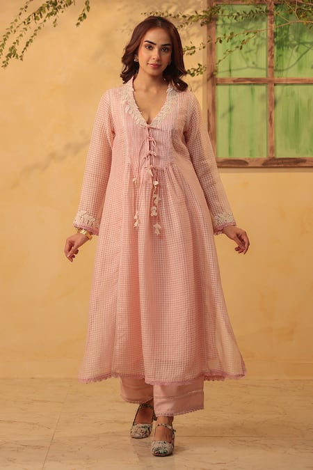 Label Niti Bothra Light Pink Tie Up Kurta & Pant Set 