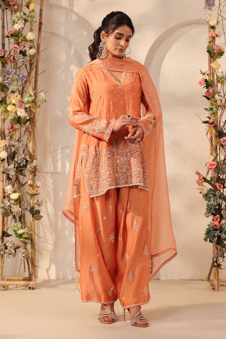 Label Niti Bothra Orange Embroidered Short Kurta Set 