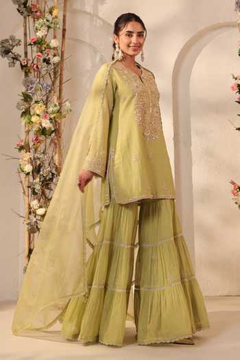Label Niti Bothra_Green Silk, Organza, Chanderi Embroidery, Pearls, Applique Kurta Sharara Set _Online_at_Aza_Fashions