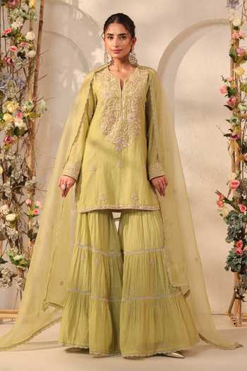 Buy_Label Niti Bothra_Green Silk, Organza, Chanderi Embroidery, Pearls, Applique Kurta Sharara Set _Online_at_Aza_Fashions