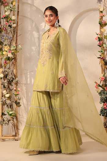 Shop_Label Niti Bothra_Green Silk, Organza, Chanderi Embroidery, Pearls, Applique Kurta Sharara Set _Online_at_Aza_Fashions