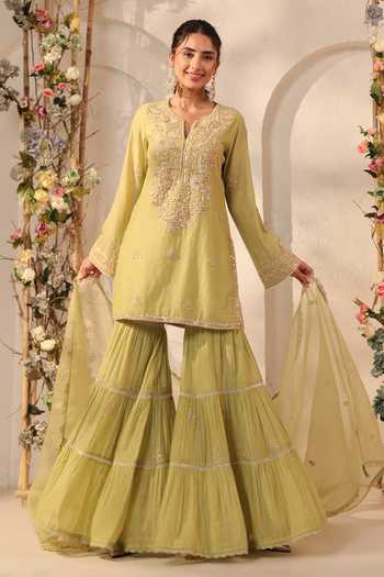 Label Niti Bothra_Green Silk, Organza, Chanderi Embroidery, Pearls, Applique Kurta Sharara Set _at_Aza_Fashions