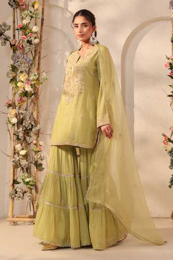 Buy_Label Niti Bothra_Green Silk, Organza, Chanderi Embroidery, Pearls, Applique Kurta Sharara Set 