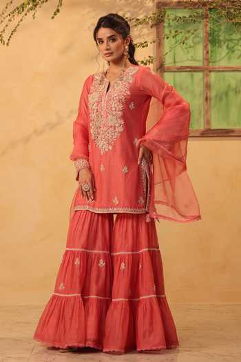 Label Niti Bothra_Pink Silk, Organza, Chanderi Pearls, Lace, Embroidered Kurta Sharara Set _Online_at_Aza_Fashions