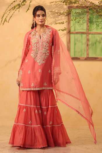 Label Niti Bothra_Pink Silk, Organza, Chanderi Pearls, Lace, Embroidered Kurta Sharara Set _at_Aza_Fashions