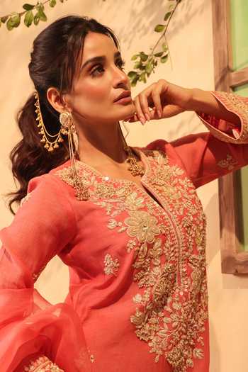 Shop_Label Niti Bothra_Pink Silk, Organza, Chanderi Pearls, Lace, Embroidered Kurta Sharara Set 