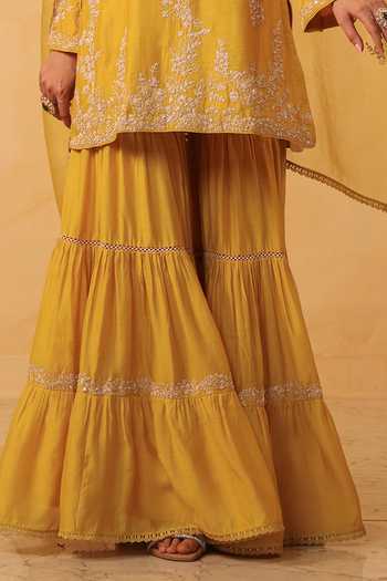 Label Niti Bothra_Yellow Silk, Organza, Chanderi Embroidery, Pearls, Applique Kurta Sharara Set _Online_at_Aza_Fashions