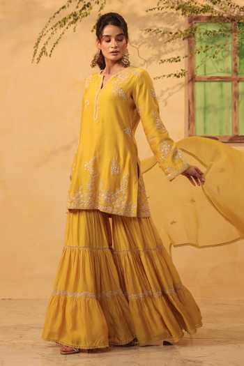 Buy_Label Niti Bothra_Yellow Silk, Organza, Chanderi Embroidery, Pearls, Applique Kurta Sharara Set _Online_at_Aza_Fashions