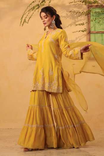 Shop_Label Niti Bothra_Yellow Silk, Organza, Chanderi Embroidery, Pearls, Applique Kurta Sharara Set _Online_at_Aza_Fashions