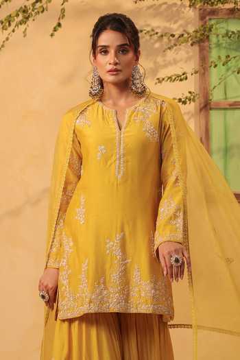 Label Niti Bothra_Yellow Silk, Organza, Chanderi Embroidery, Pearls, Applique Kurta Sharara Set _at_Aza_Fashions