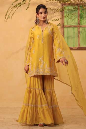 Buy_Label Niti Bothra_Yellow Silk, Organza, Chanderi Embroidery, Pearls, Applique Kurta Sharara Set 