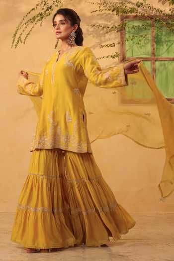 Shop_Label Niti Bothra_Yellow Silk, Organza, Chanderi Embroidery, Pearls, Applique Kurta Sharara Set 